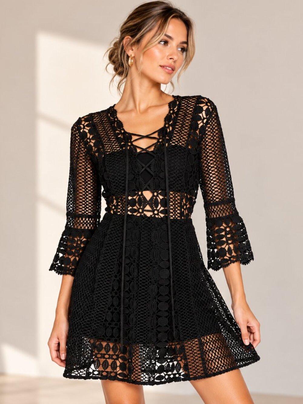 Self-Portrait Black Guipure Crochet Lace-Up A-Line Mini Dress Size 0